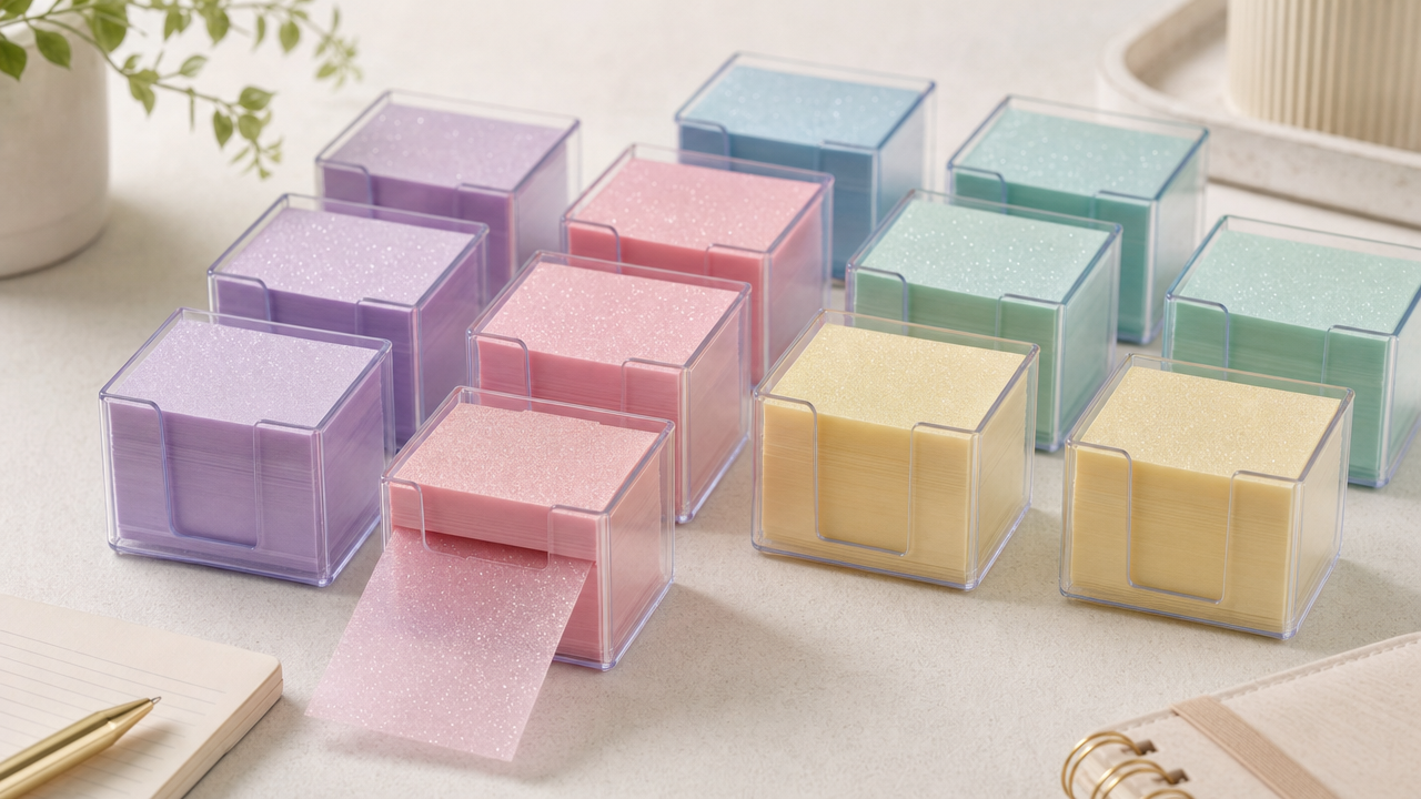 12-Box Pull-Out Glitter Sticky Notes Wholesale From US$8.40: Build a US$21.84 Desk-Accessory Offer