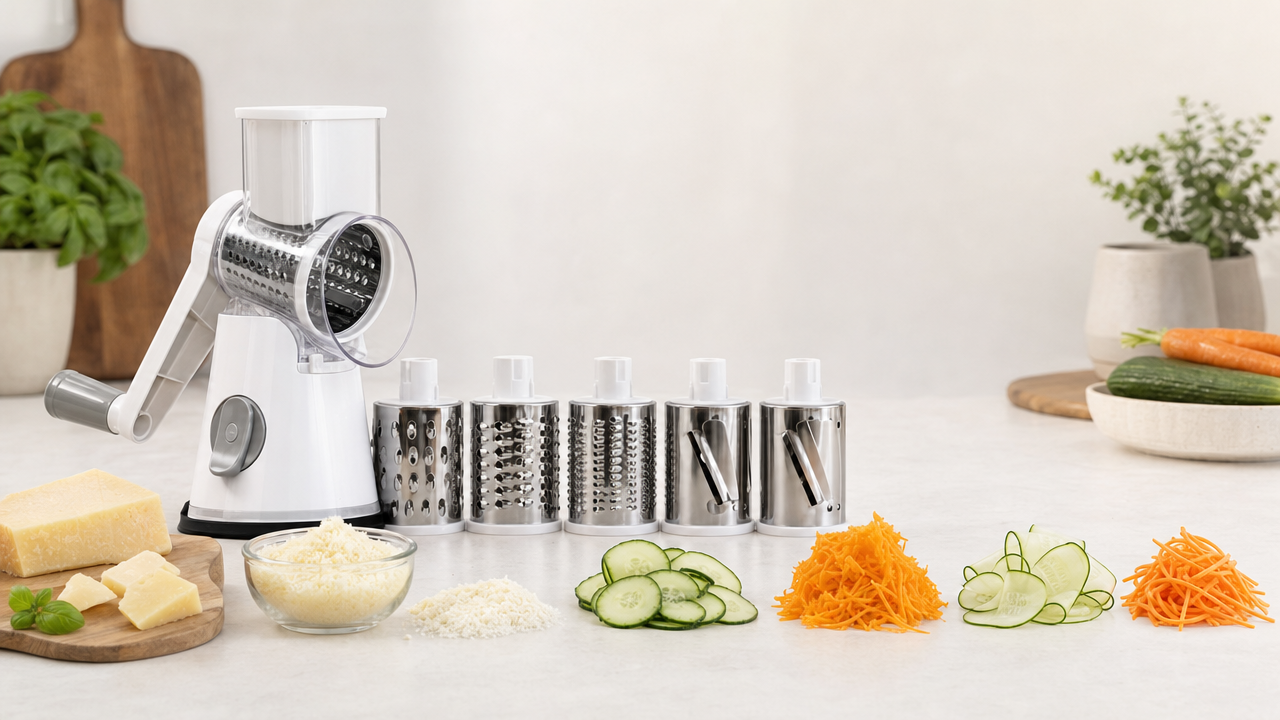 Five-Blade Rotary Cheese Grater: Turn One Crank Into a High-Impact Kitchen Demo