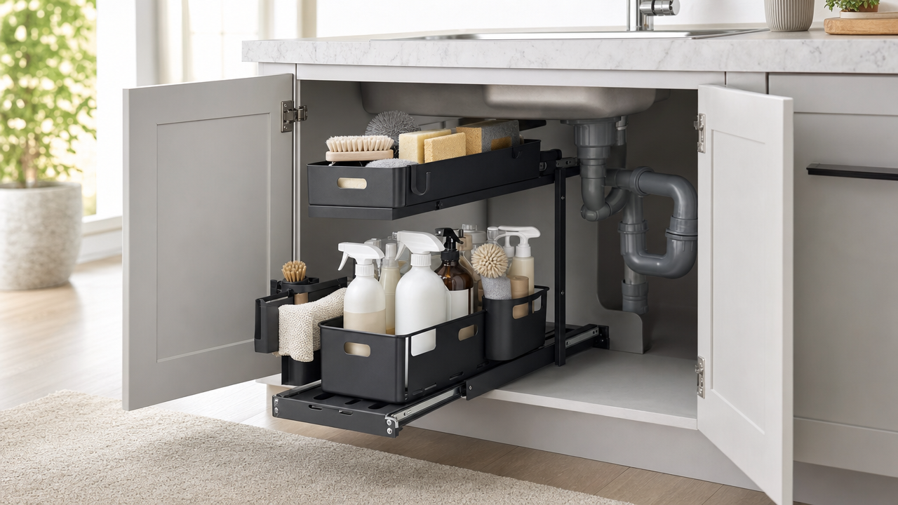 Two-Tier Pull-Out Under-Sink Organizer: Turn Cabinet Clutter Into a Clear Product Demo
