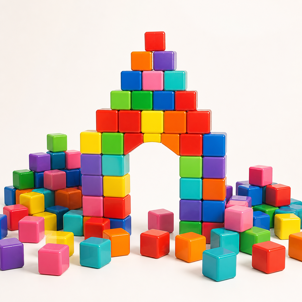 Colorful rounded magnetic building cubes arranged as an arch and tower with loose cubes on a warm white background
