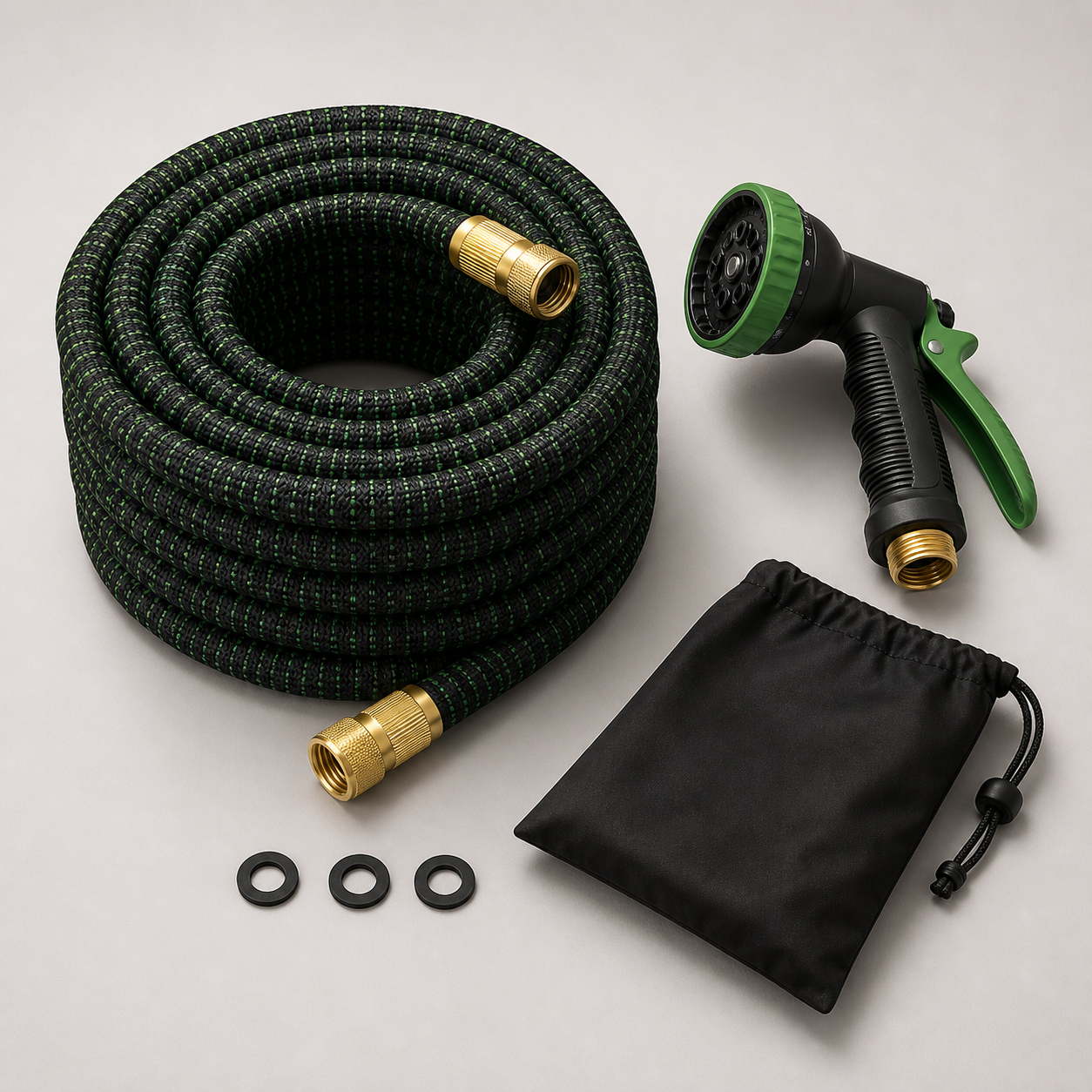Unbranded black and green 100-foot expandable garden hose with brass fittings, multi-pattern spray nozzle, washers and storage pouch