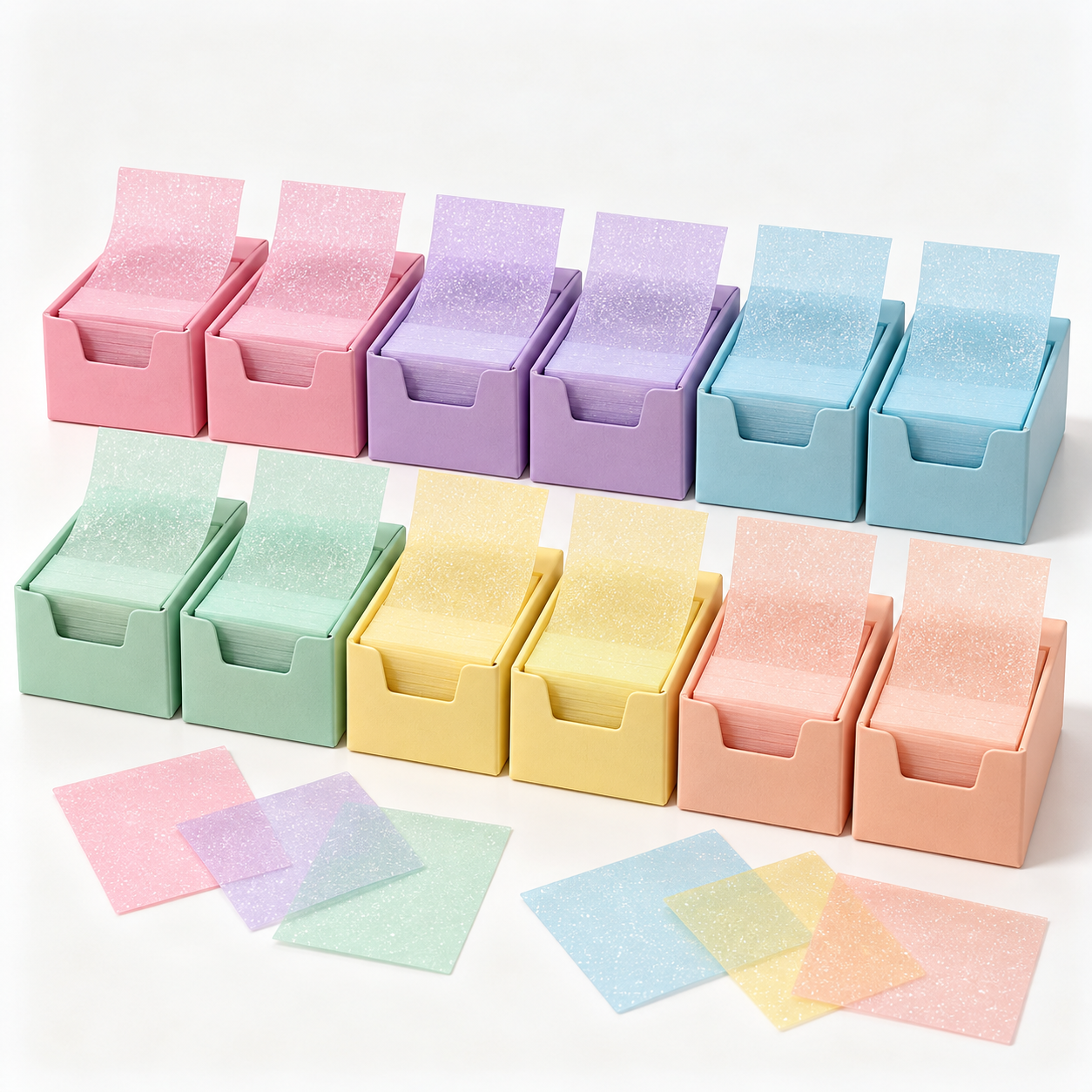 Twelve unbranded pastel pull-out dispensers filled with translucent glitter sticky notes