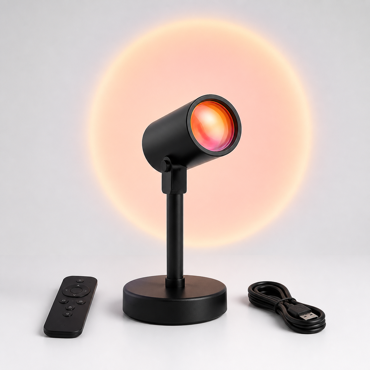 Unbranded black 16-color sunset projector lamp with remote control, USB cable and warm wall projection