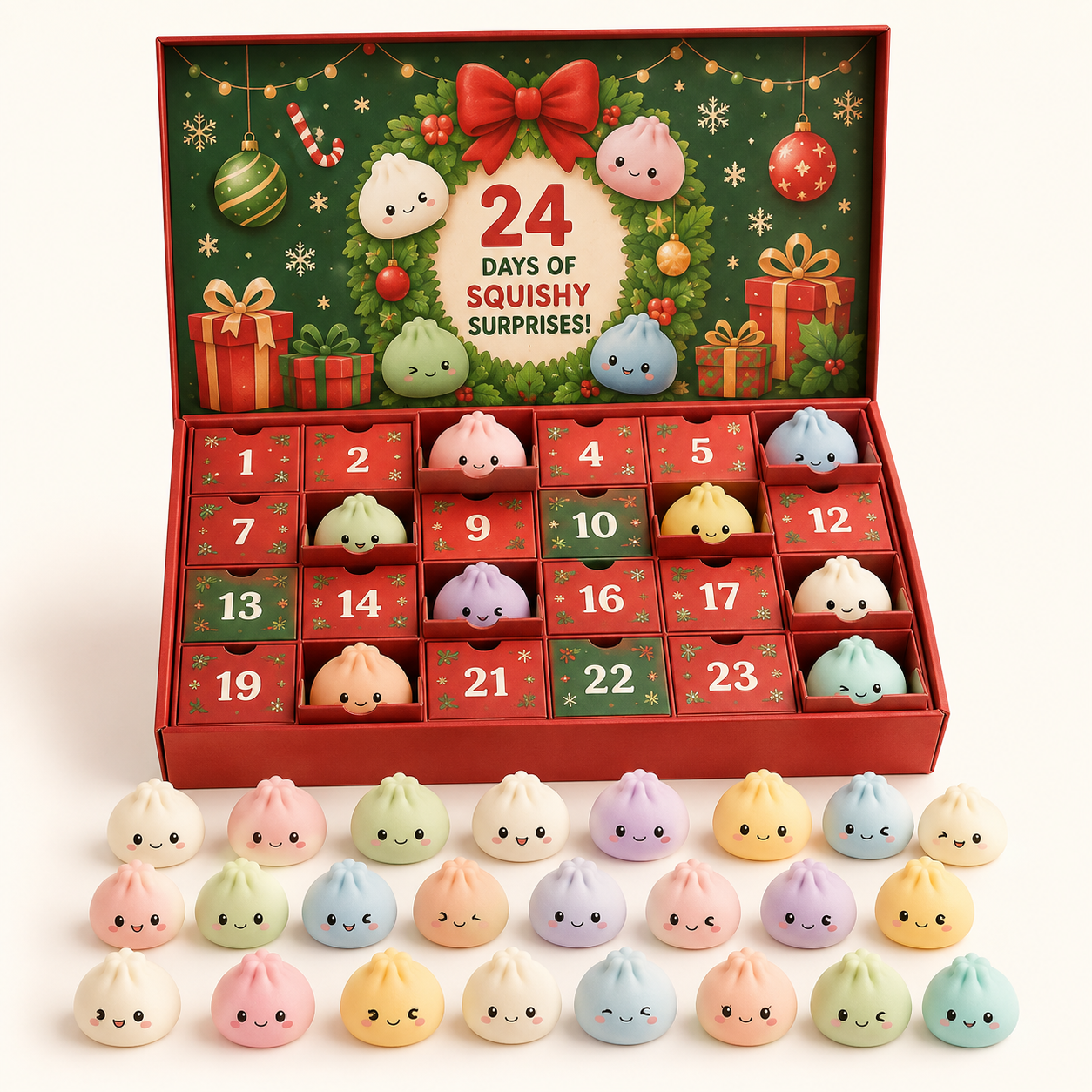 Unbranded red and green 24-day mini squishy Advent calendar with pastel dumpling-shaped surprise toys