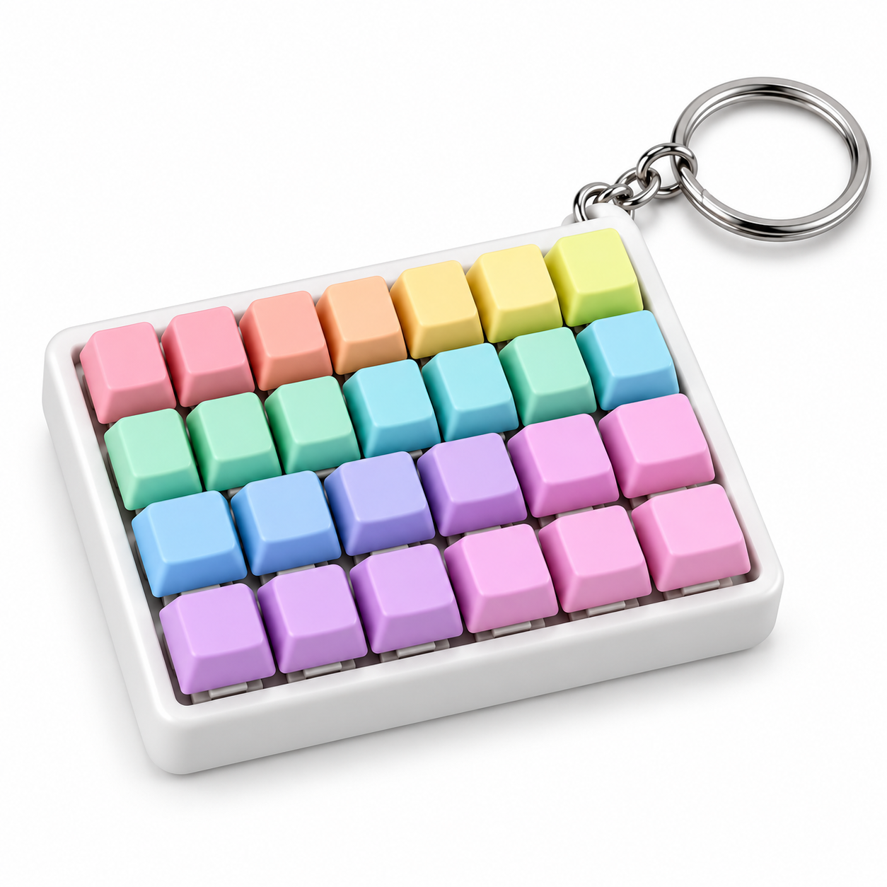 Pastel rainbow 26-key mini keyboard fidget keychain with white base and silver key ring
