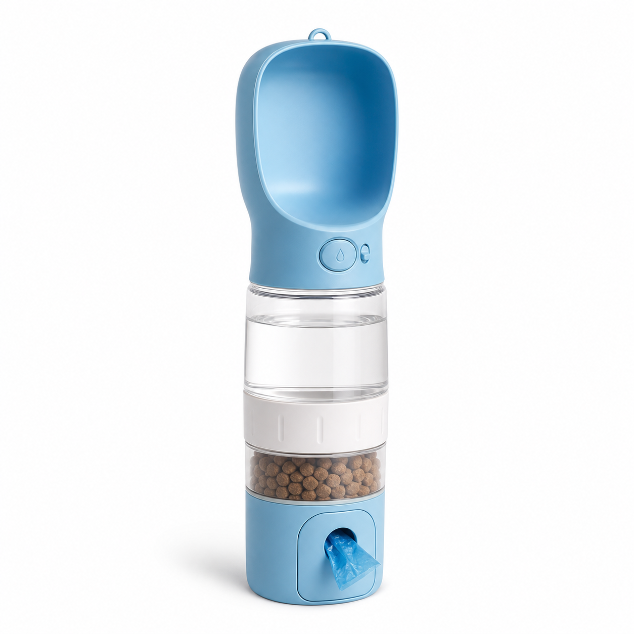 Three-in-one portable dog water bottle with food container and waste bag dispenser