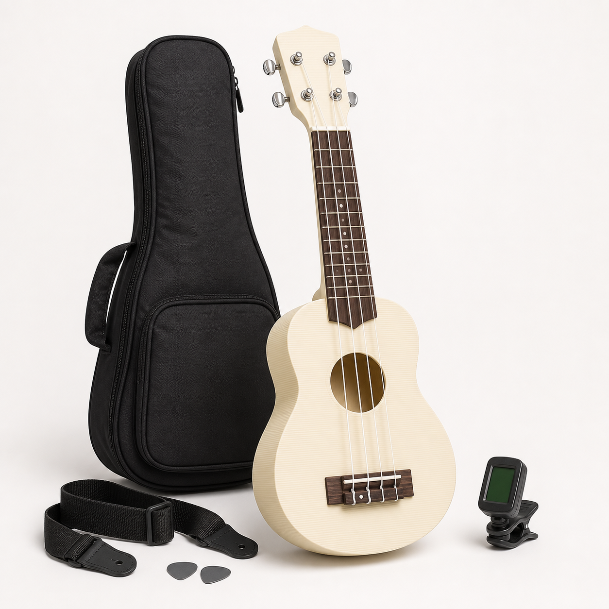 Cream four-string 3D-printed soprano ukulele with black gig bag strap picks and clip-on tuner