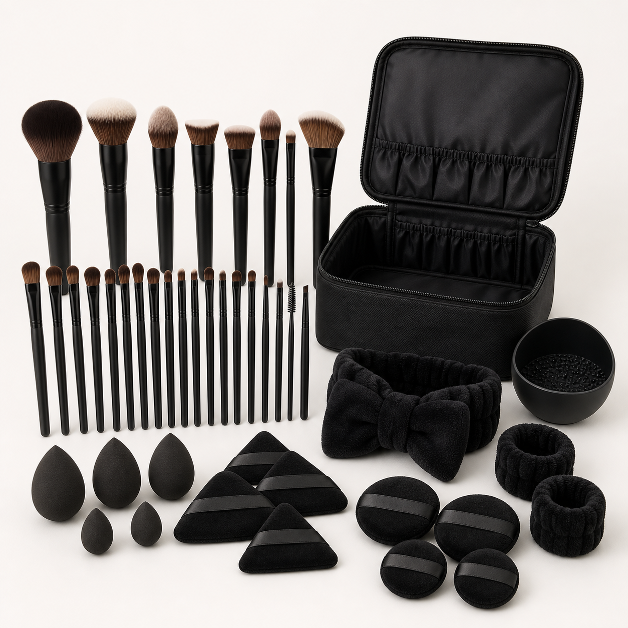 Complete black makeup brush and sponge kit with puffs headband cleaning bowl and travel case