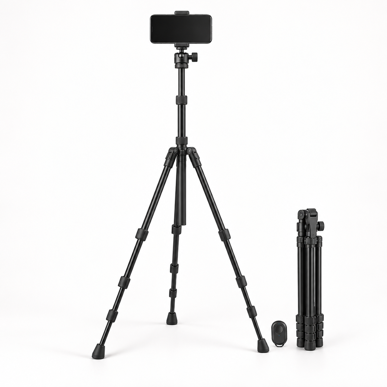 Unbranded black 67-inch adjustable phone and camera tripod with smartphone clamp, folded stand and wireless remote