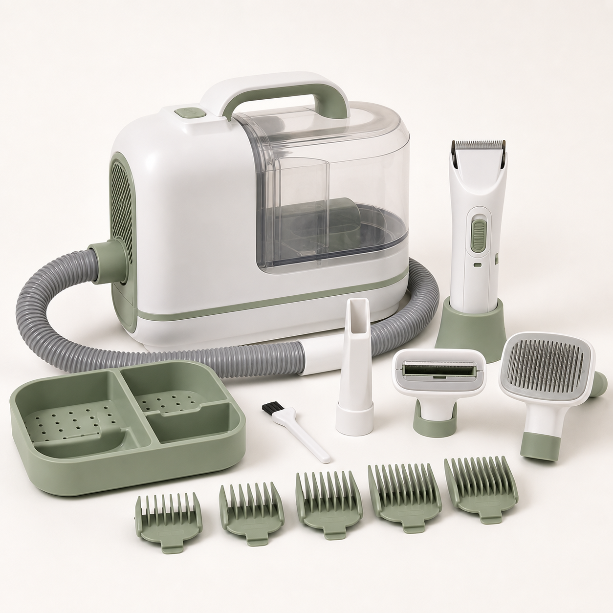 Unbranded white and sage 7-in-1 pet grooming vacuum kit with clear dust cup, hose, electric clipper, brushes, nozzles and guide combs