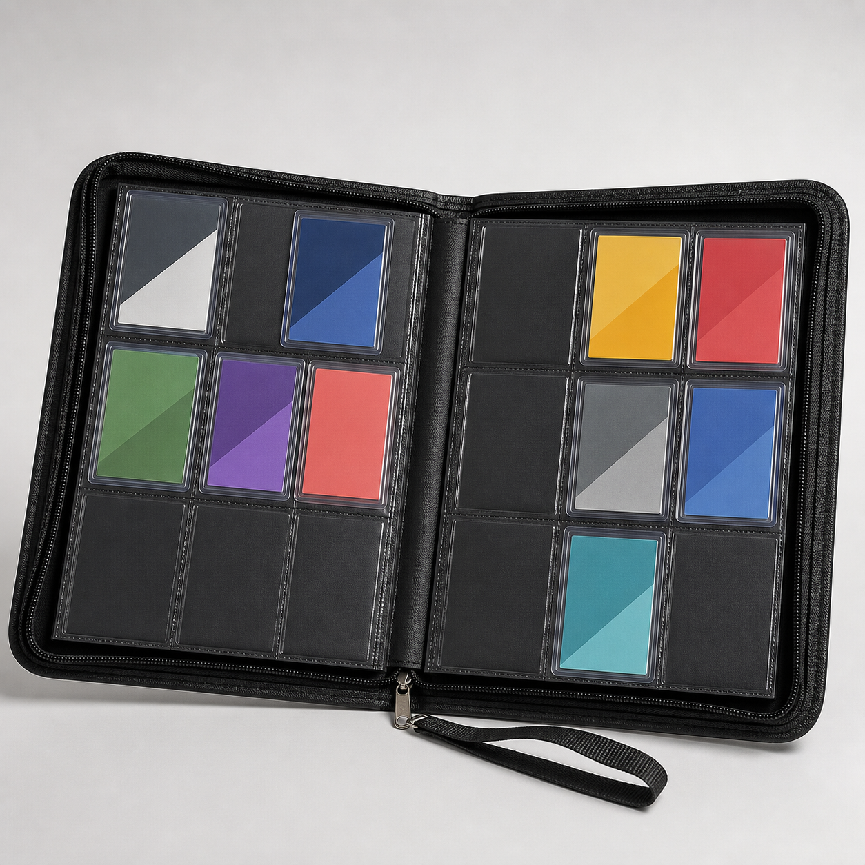Black zippered nine-pocket trading card binder open to rigid card holder pages