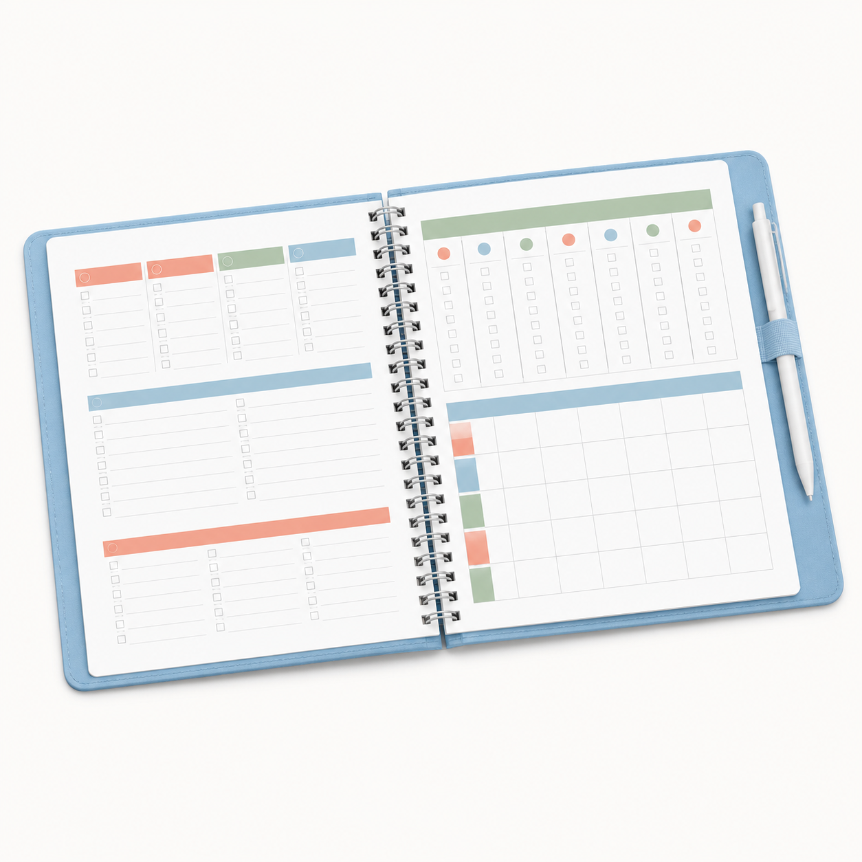 Open pastel blue A4 spiral household cleaning planner with color-coded checklist pages and pen loop
