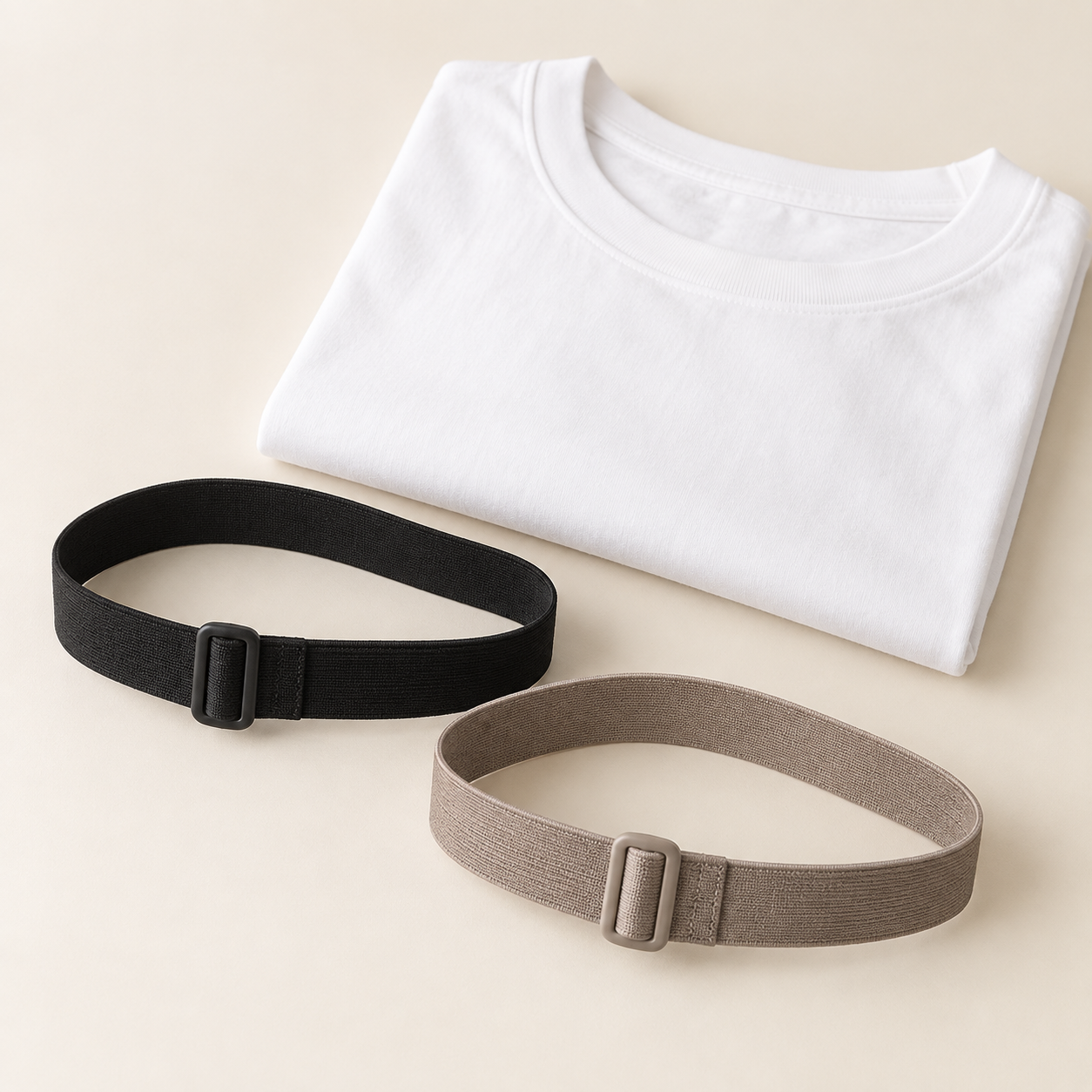 Illustrative black and taupe adjustable elastic crop-tuck bands beside a folded white shirt