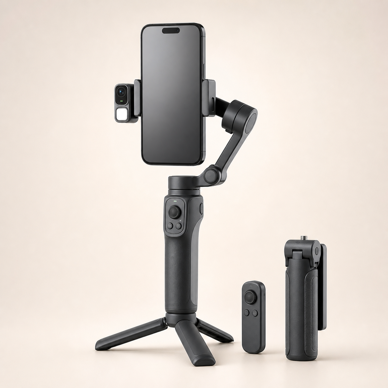 Unbranded charcoal three-axis smartphone gimbal with face-tracking sensor, fill light, tripod, and remote
