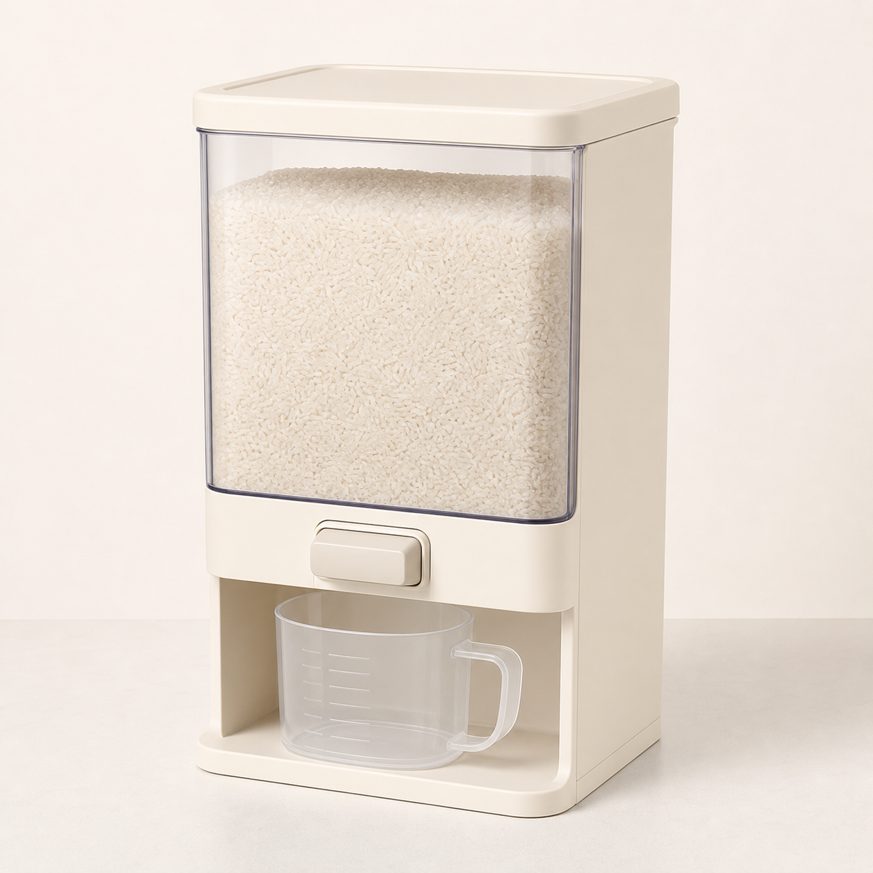 Unbranded cream airtight rice and dry-grain dispenser with a clear window, push lever, and measuring cup