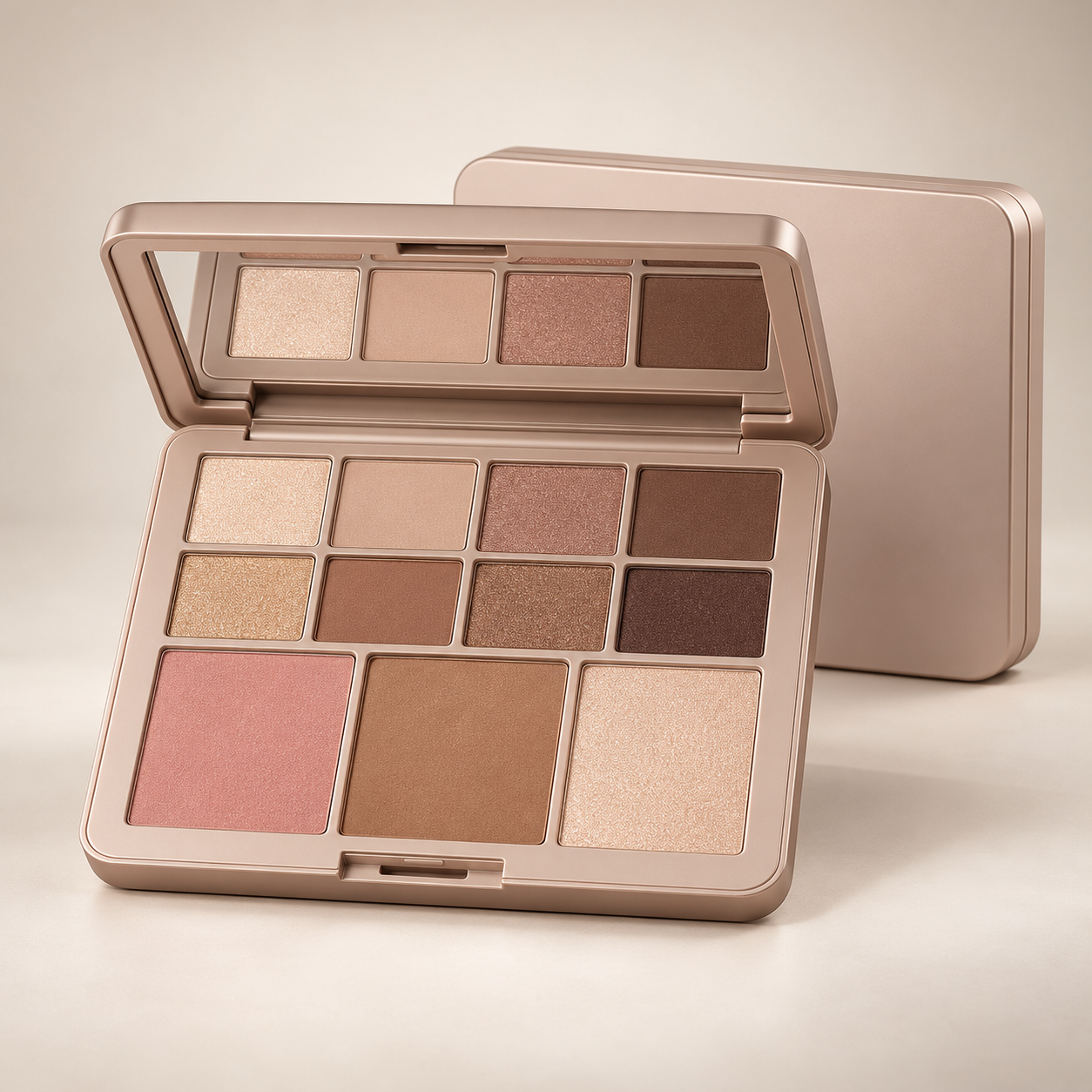 Unbranded rose-gold baked face and eye makeup palette with neutral shadows, blush, bronzer and highlighter