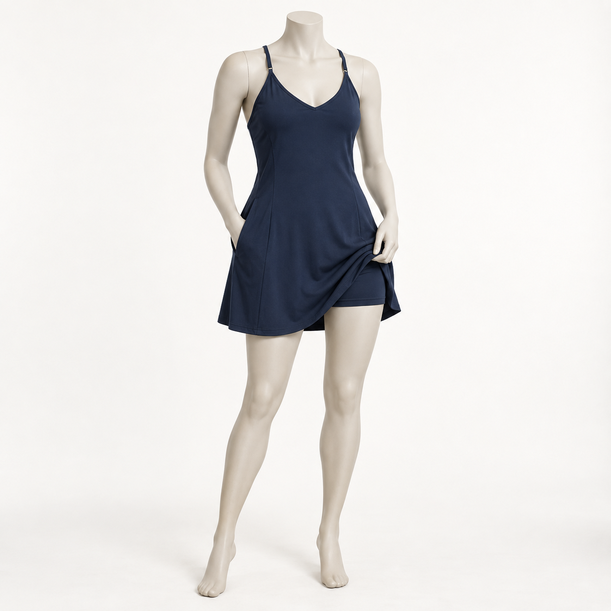 Navy athletic mini dress with built in shorts and pockets for wholesale sourcing
