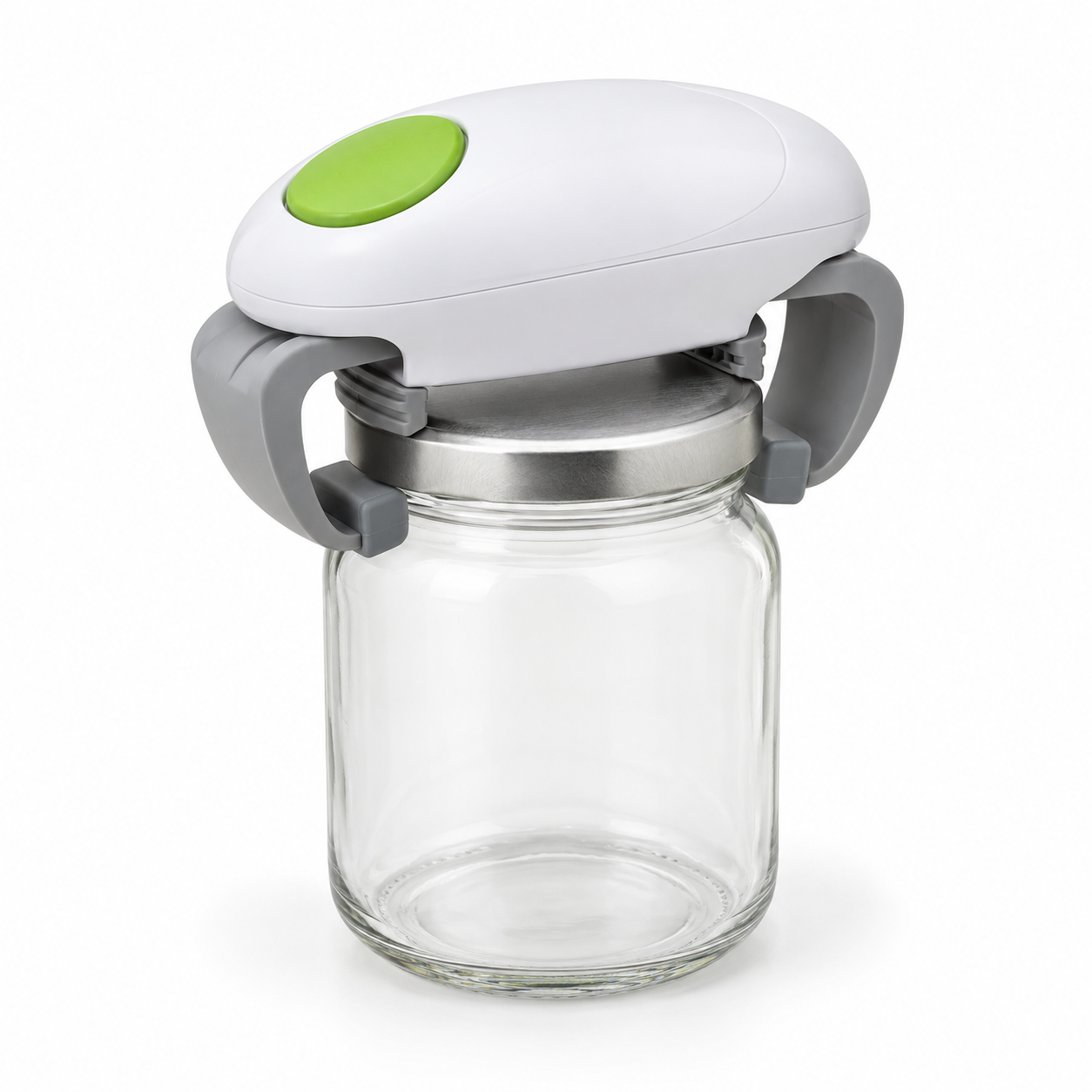 Illustrative white one-touch automatic jar opener clamped around the lid of an empty clear glass jar