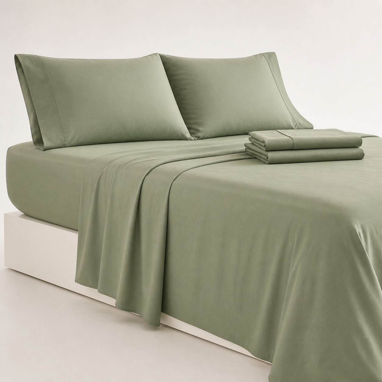 Sage green six-piece bamboo-derived bed sheet set with fitted sheet, flat sheet, and four pillowcases
