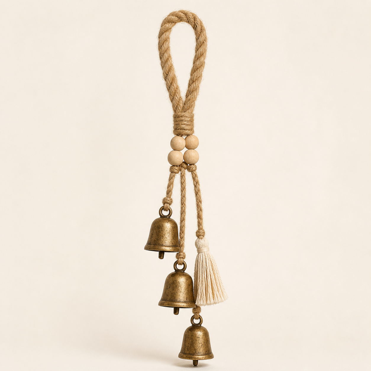 Boho door hanger with braided jute loop wooden beads three antique brass bells and cream tassel
