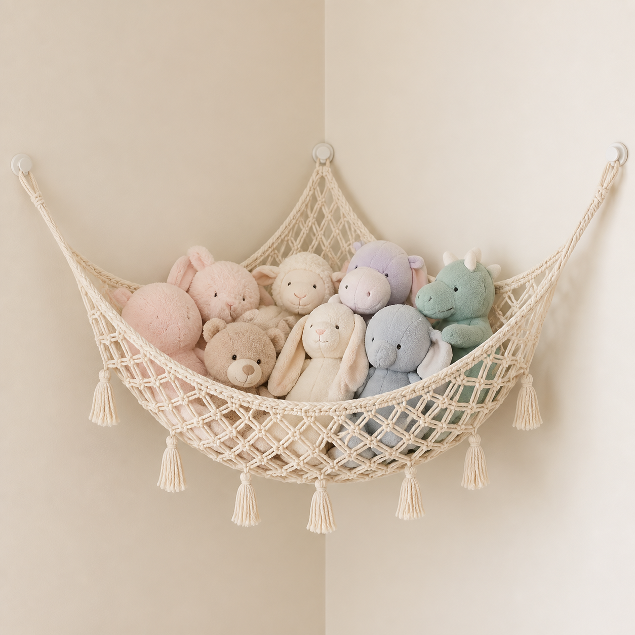 Ivory boho cotton-rope corner hammock holding generic pastel stuffed animals