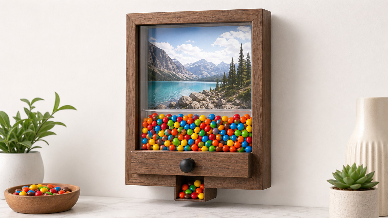 Pink candy dispenser picture frame with colorful candy and wall mounted frame options