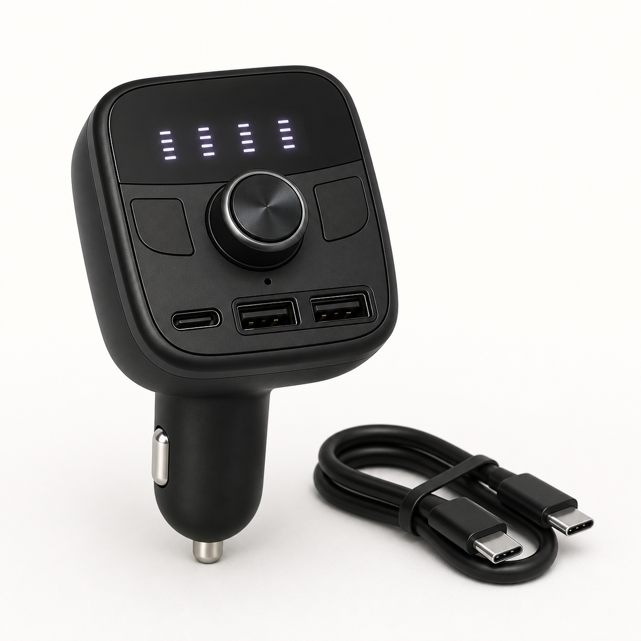 Unbranded black car Bluetooth FM transmitter with control knob, display, USB-C port, and two USB charging ports