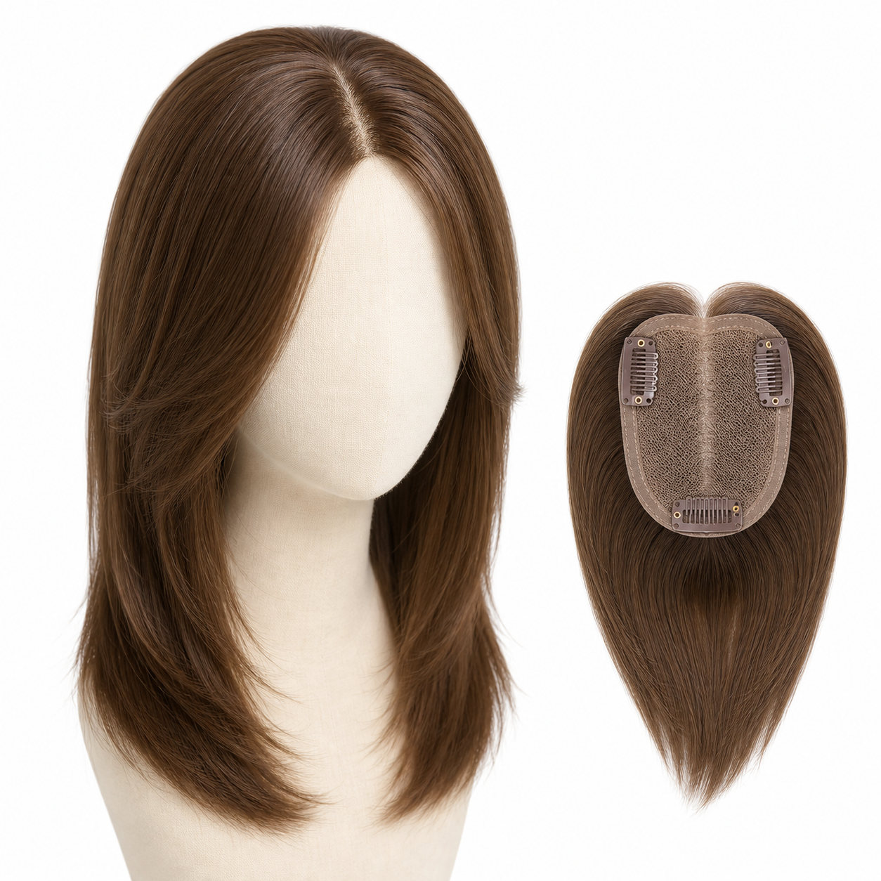 Unbranded medium-brown clip-in crown hair topper shown on a mannequin with its lace base and three snap clips