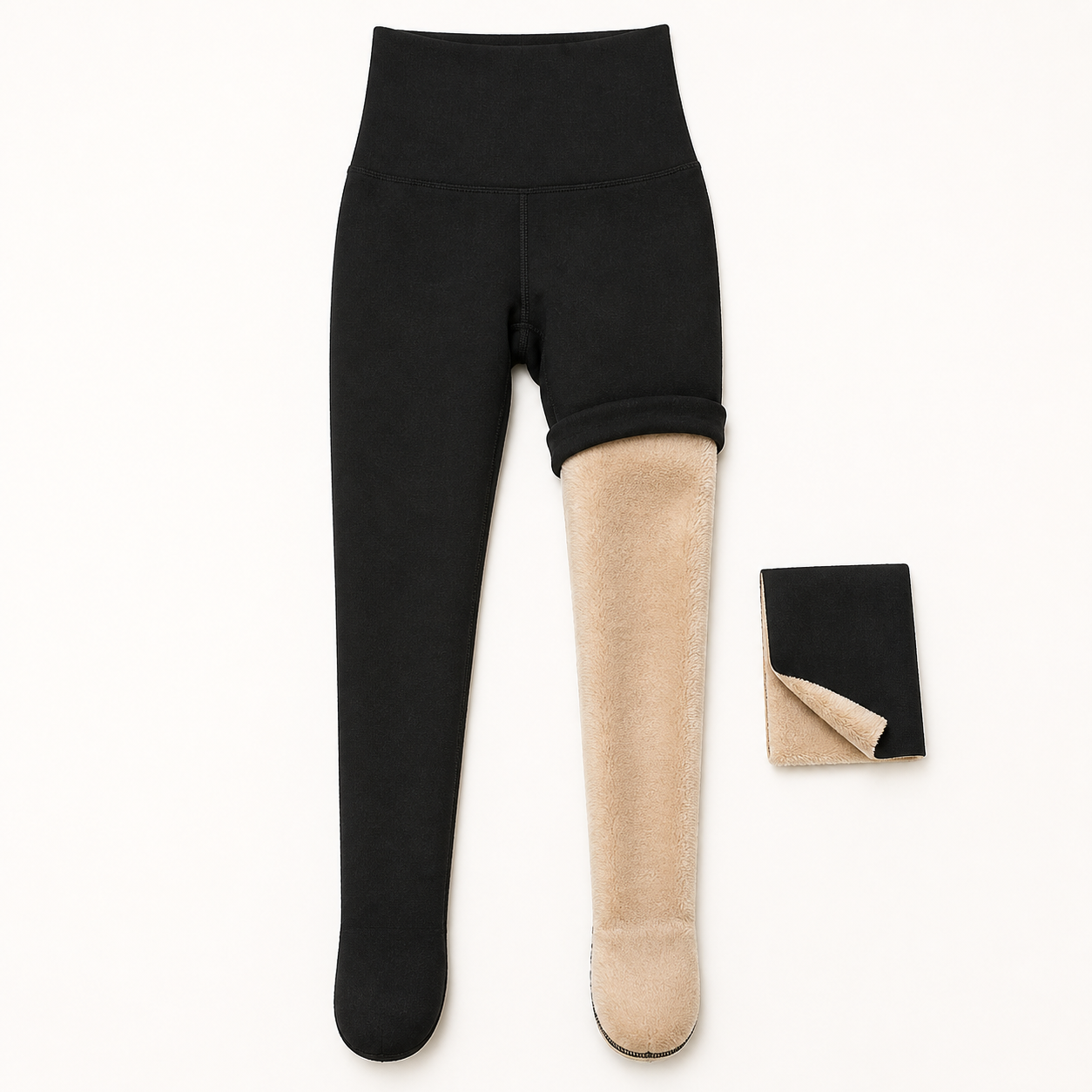 Unbranded black closed-foot fleece-lined tights with one leg turned inside out to reveal the soft beige lining