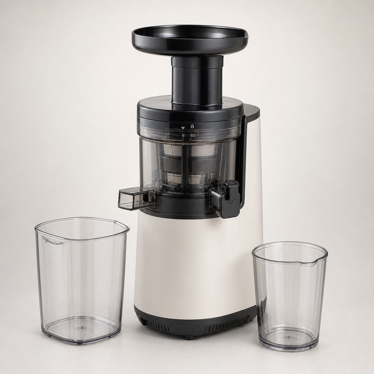 Unbranded countertop cold press masticating juicer with wide feed chute and two clear collection cups