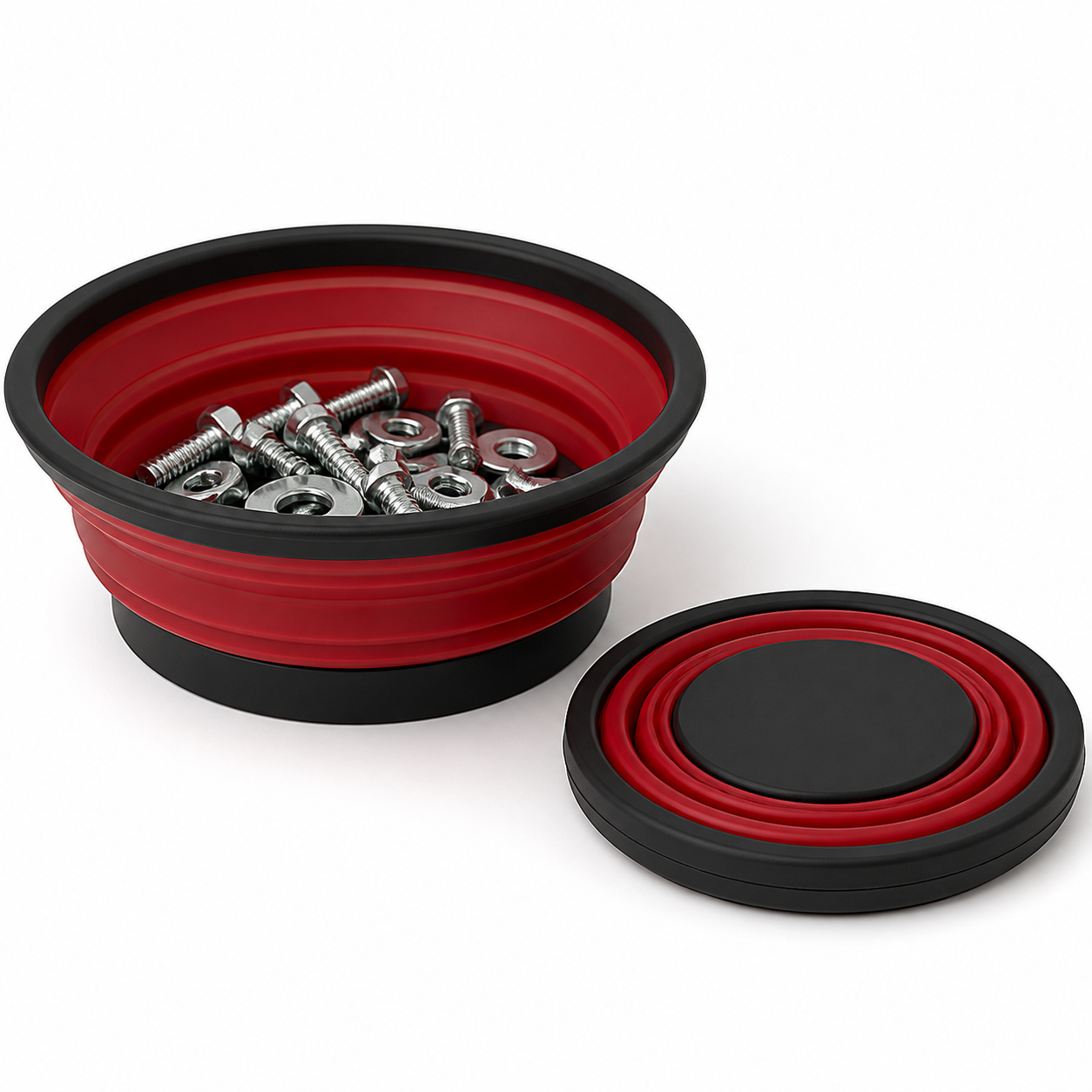 Red and black collapsible magnetic parts tray holding silver nuts, bolts, screws, and washers