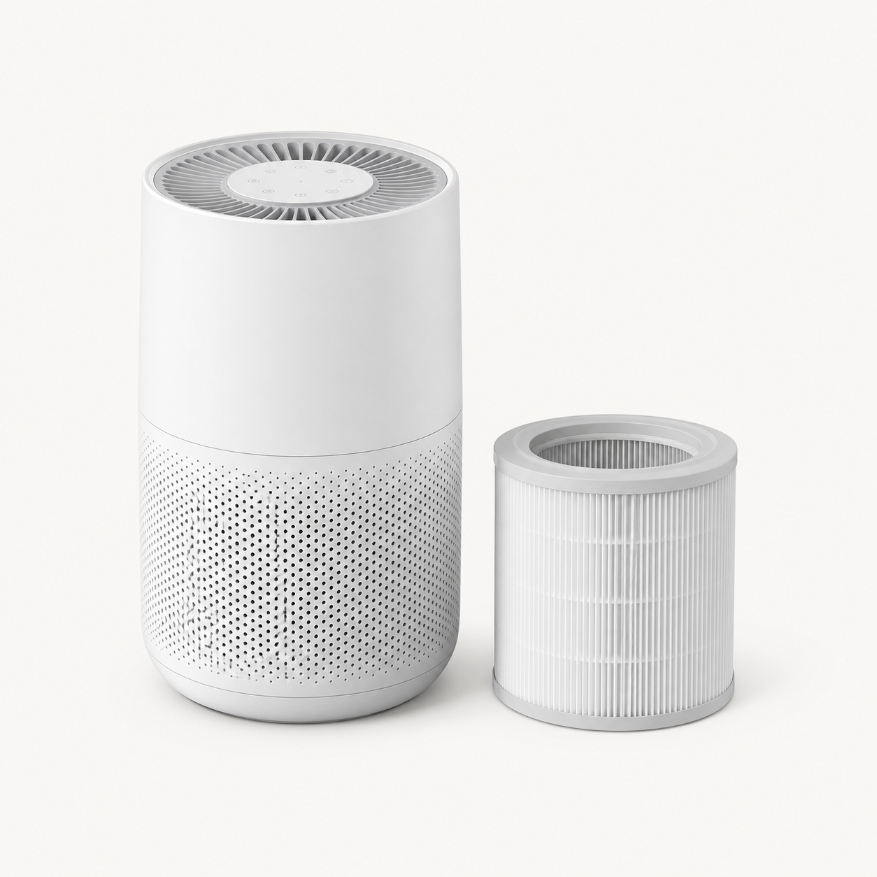 Unbranded white compact pet air purifier displayed with a removable cylindrical pleated filter