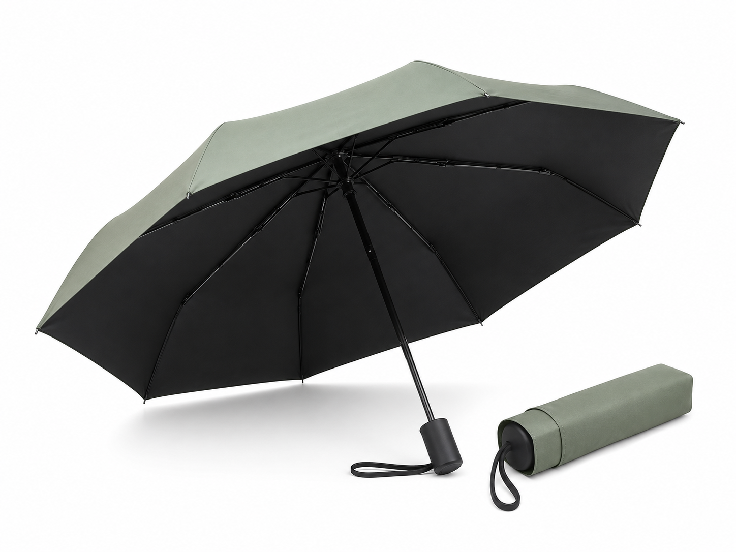 Sage green compact UV pocket umbrella open beside matching folded storage case