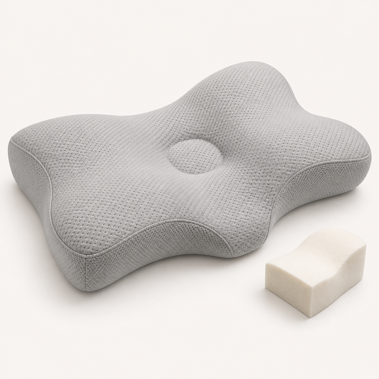 Light gray contoured memory-foam neck pillow with butterfly shape, central cradle and breathable cover