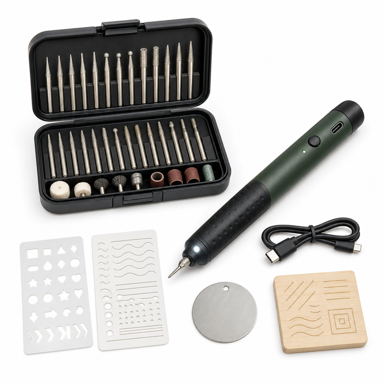 Unbranded dark green cordless engraving pen kit with LED light, assorted bits, stencils, metal tag and wood practice tile