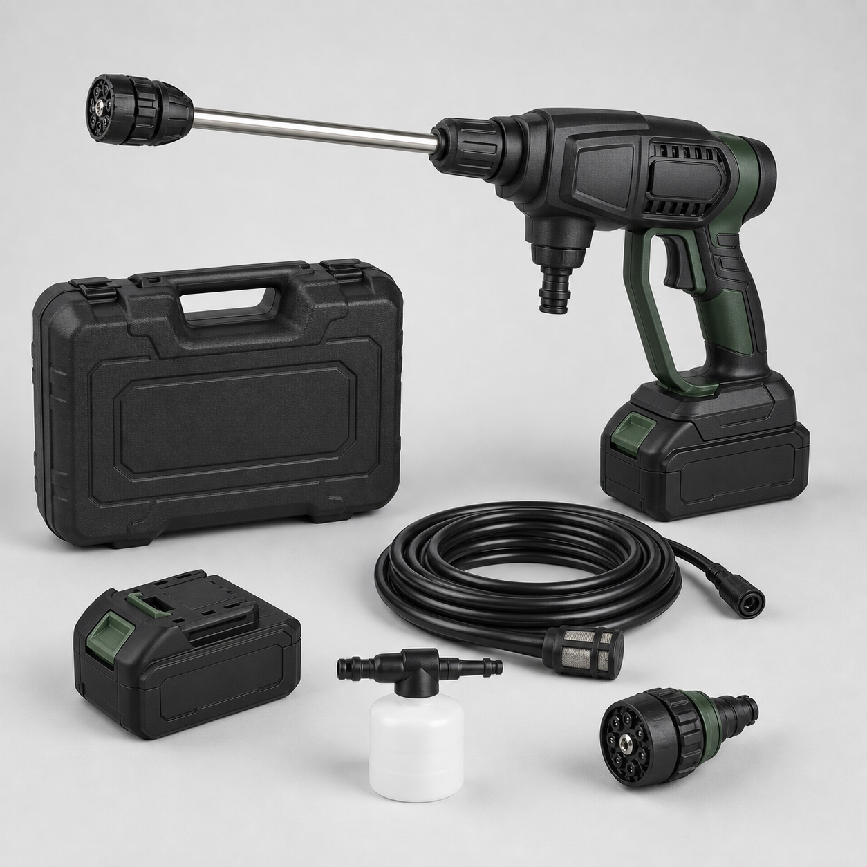 Unbranded black and green cordless portable pressure washer kit with battery, spray lance, hose, filter, foam bottle, nozzle and case