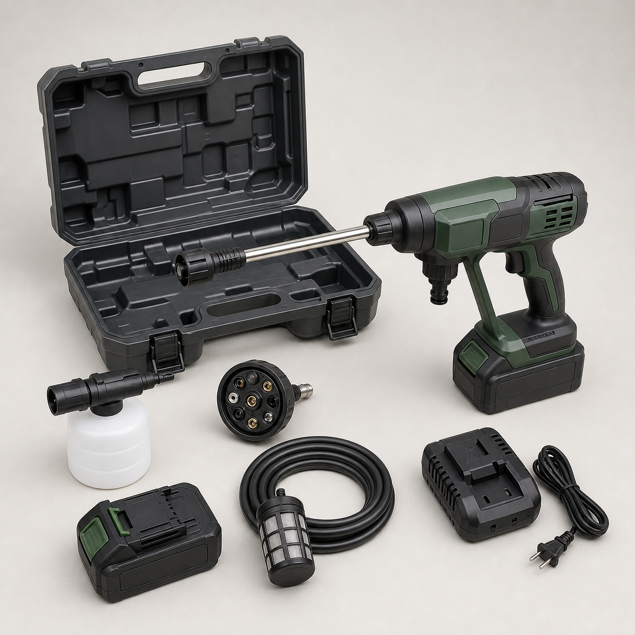 Unbranded green cordless pressure washer kit with carrying case, batteries, charger, hose, filter, foam bottle and multi-spray nozzle