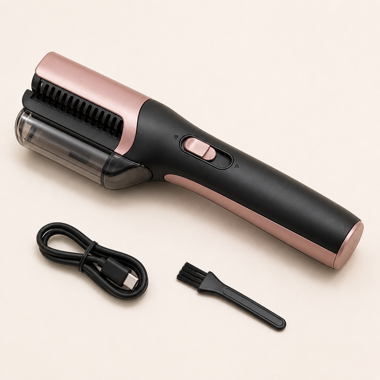 Unbranded black and rose cordless split-end hair trimmer with USB charging cable and cleaning brush