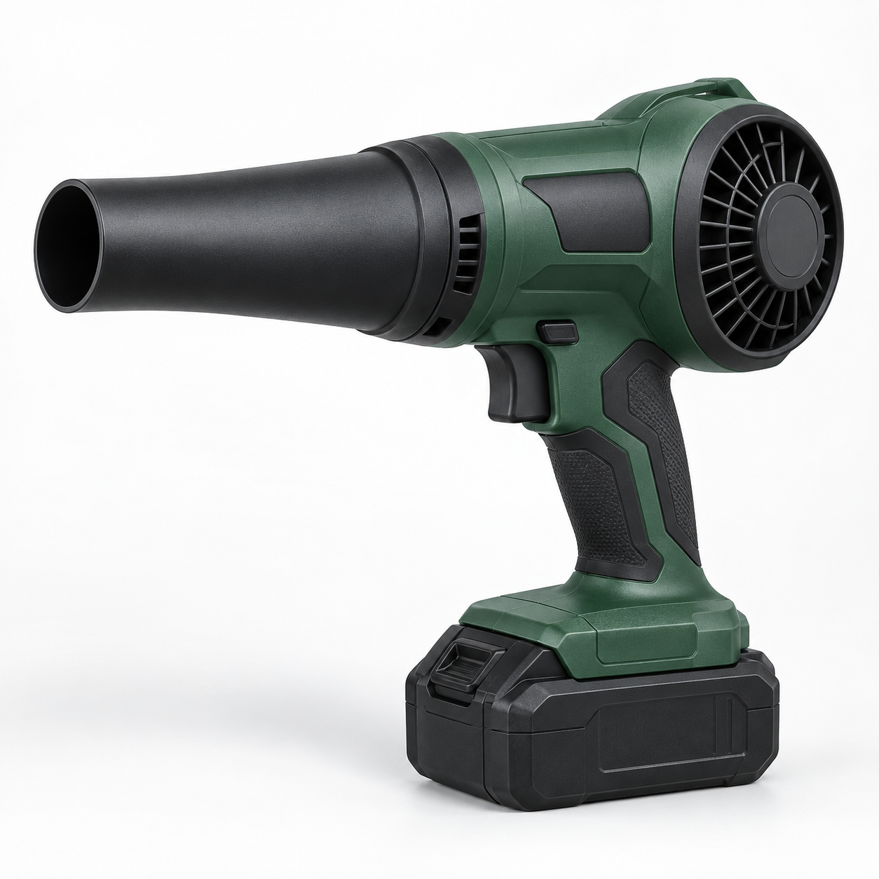 Illustrative green and black cordless turbo jet leaf blower with a short nozzle and removable battery pack