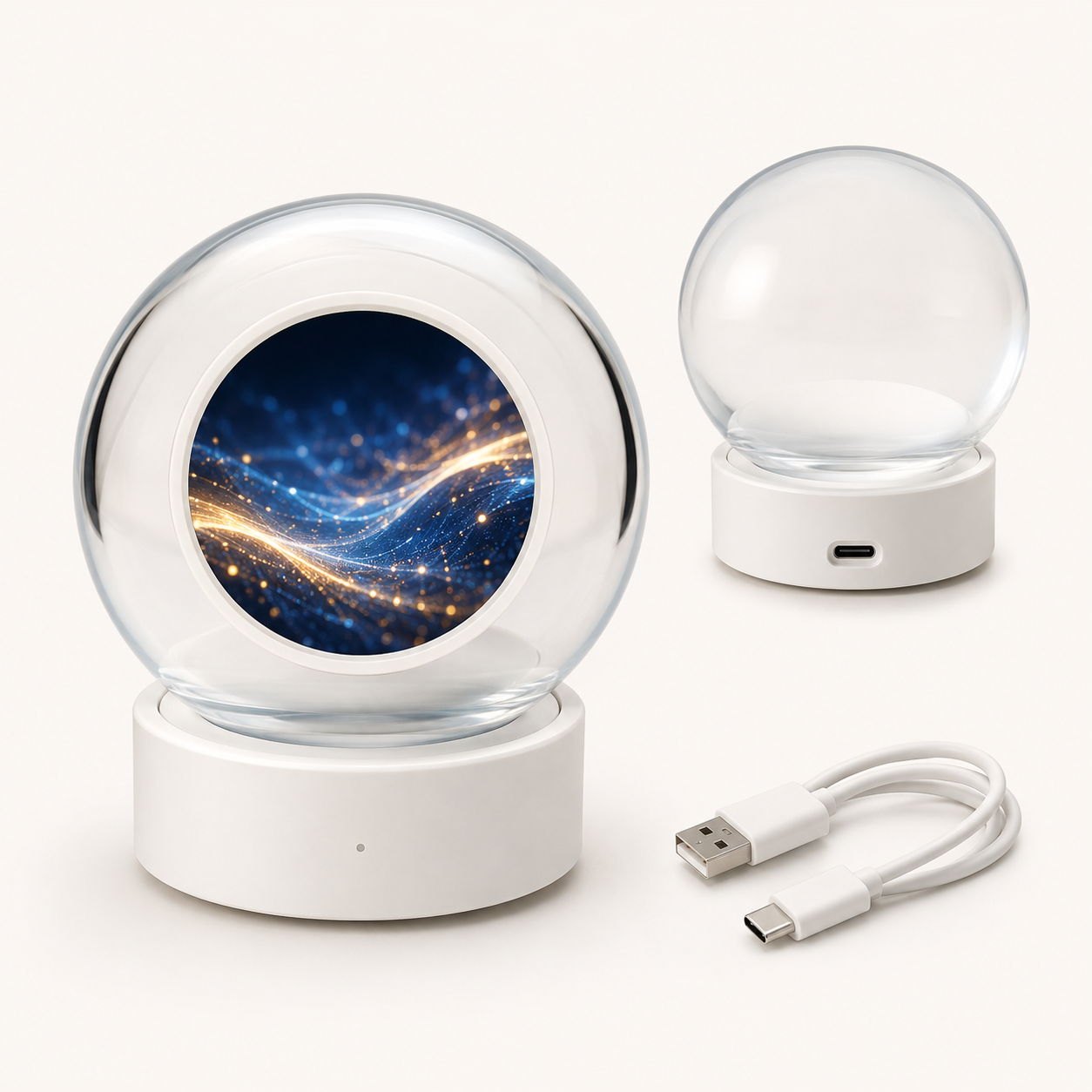 Unbranded digital video memory sphere with a round display, white base, and USB cable
