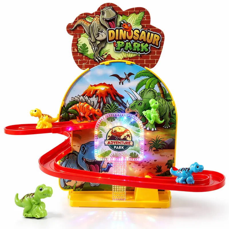 Colorful electric dinosaur sliding race track toy with red track, light-up center and dinosaur figures