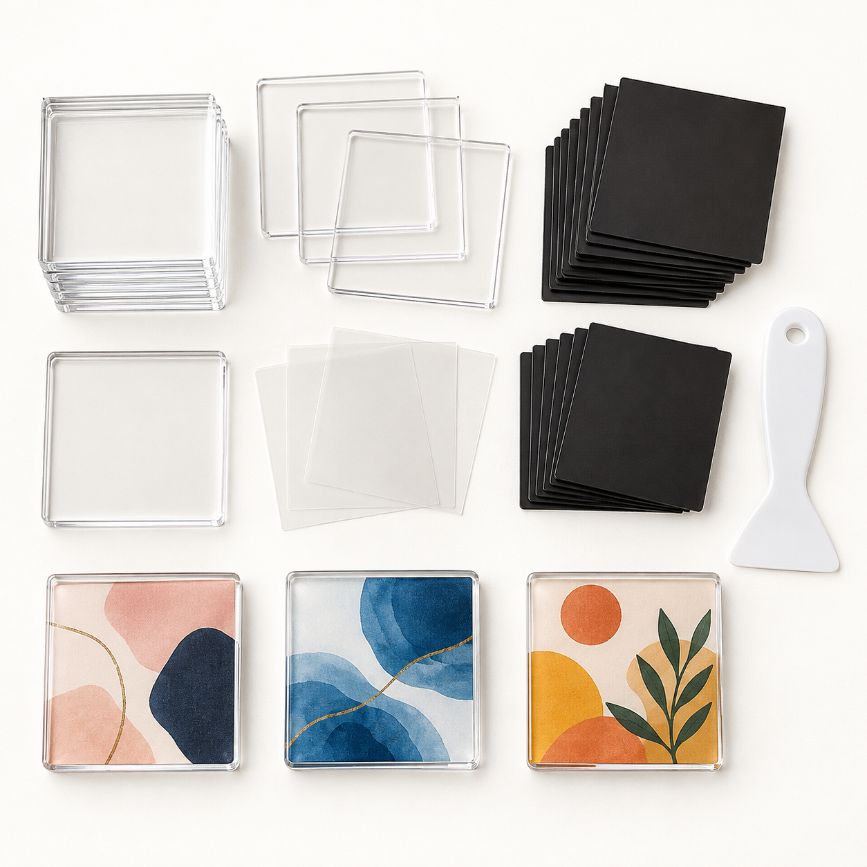 Unbranded DIY acrylic fridge magnet kit with clear square blanks magnetic backings and scraper