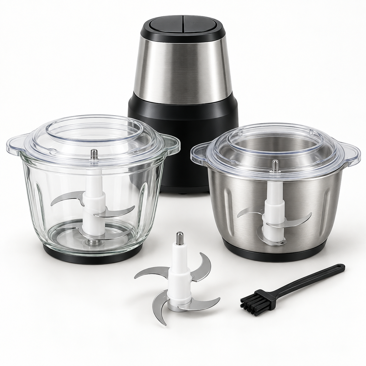 Unbranded electric food processor with glass and stainless steel bowls, blades, and cleaning brush