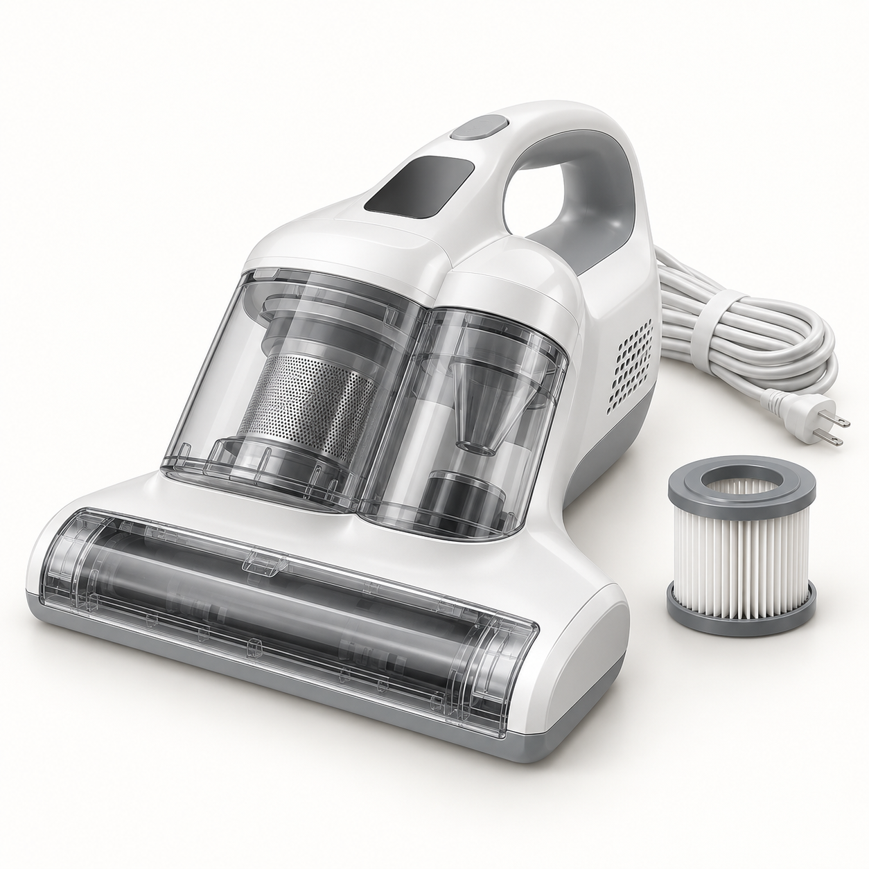 Unbranded white handheld mattress vacuum with two transparent dust cups and a removable filter
