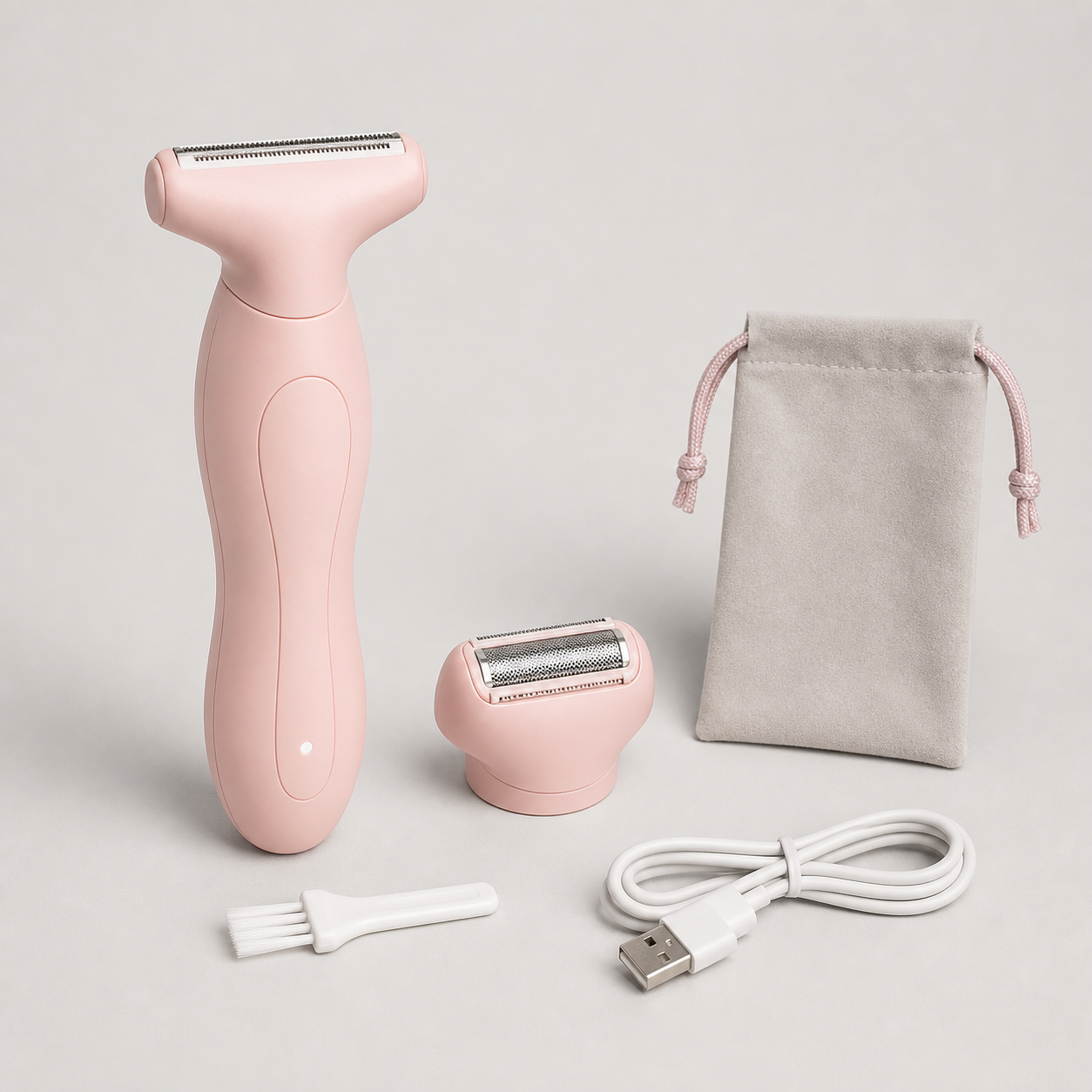 Unbranded blush pink dual-head women's electric shaver kit with trimmer head, foil head, cleaning brush, USB cable and travel pouch