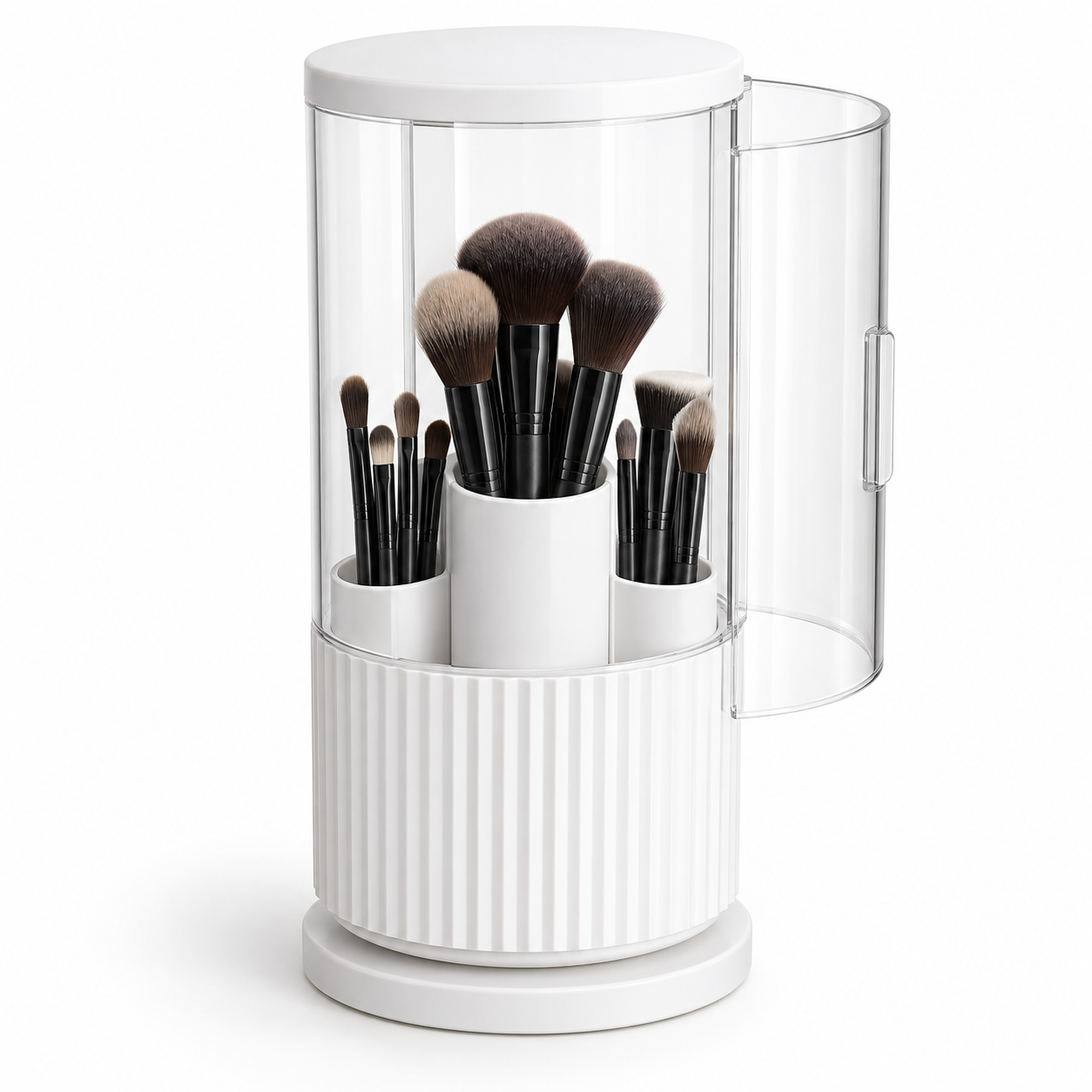 Illustrative white rotating makeup brush holder with clear access door and three inner brush compartments