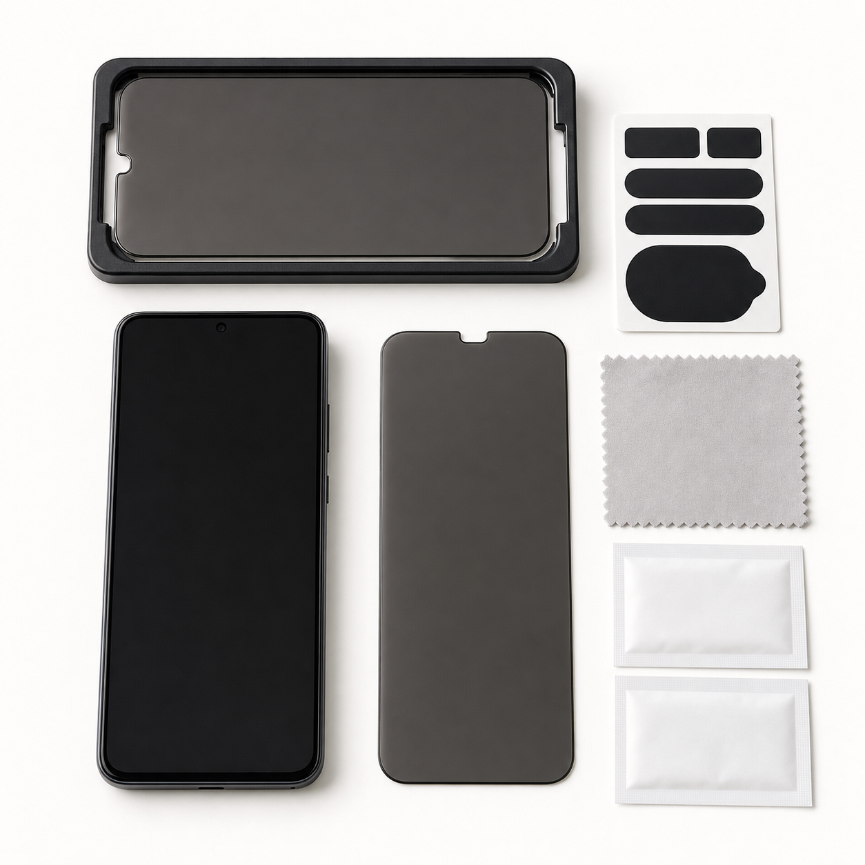 Unbranded privacy tempered glass screen protector with optional alignment frame, spare glass, cleaning cloth and installation accessories