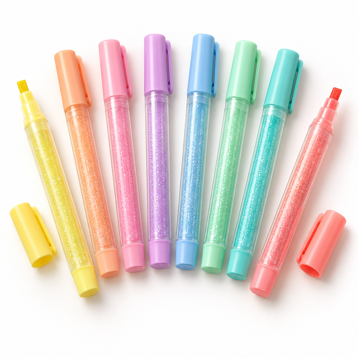 Eight unbranded pastel glitter highlighter markers with translucent barrels, assorted shimmer ink and chisel tips