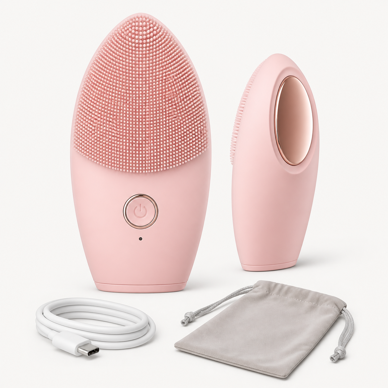 Unbranded blush pink electric silicone facial cleansing brush shown front and back with metal warming pad, USB-C cable, and pouch