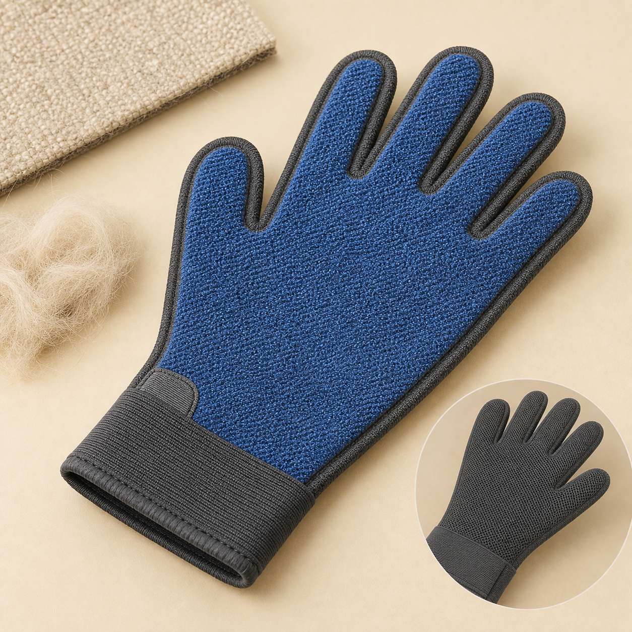Unbranded blue and charcoal electrostatic pet-hair removal glove beside upholstery and a small tuft of clean fur